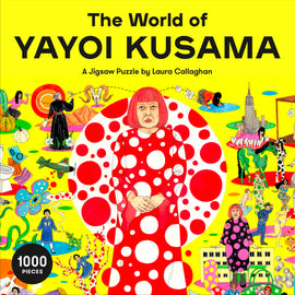 The World of Yayoi Kusama jigsaw puzzle featuring vibrant illustrations including the artist herself in a red polka dot dress with various colorful characters and objects around her, all set against a bright yellow background. This 1000-piece puzzle captures the essence of Kusama's unique art style.