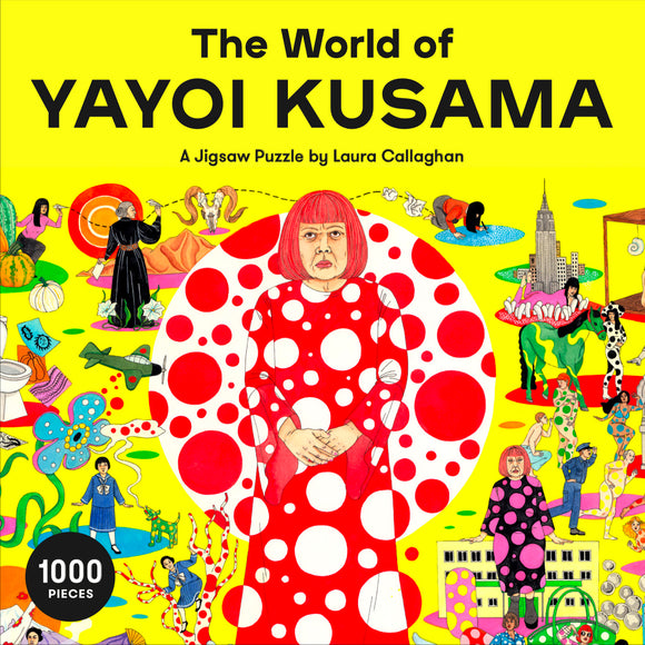 The World of Yayoi Kusama jigsaw puzzle featuring vibrant illustrations including the artist herself in a red polka dot dress with various colorful characters and objects around her, all set against a bright yellow background. This 1000-piece puzzle captures the essence of Kusama's unique art style.
