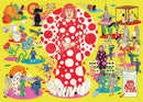The World of Yayoi Kusama jigsaw puzzle by Laurence King Publishing, featuring vibrant illustrations inspired by Kusama's art, including colorful polka dots, whimsical characters, and iconic elements like pumpkins and flowers, all set against a bright yellow background.
