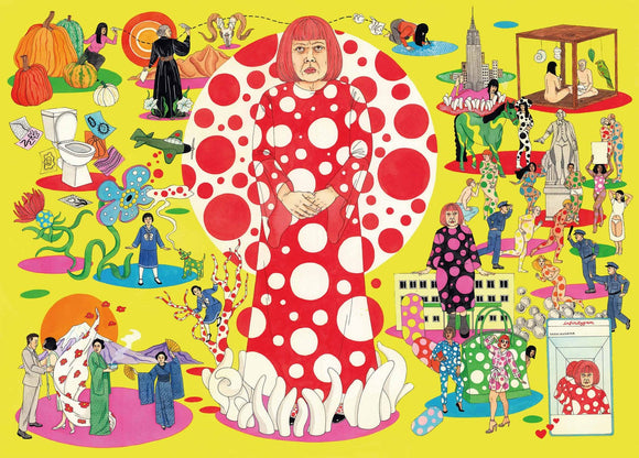 The World of Yayoi Kusama jigsaw puzzle by Laurence King Publishing, featuring vibrant illustrations inspired by Kusama's art, including colorful polka dots, whimsical characters, and iconic elements like pumpkins and flowers, all set against a bright yellow background.