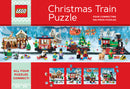 An engaging LEGO Christmas Train jigsaw puzzle featuring four interconnecting 100-piece puzzles. The scene showcases a festive snowy village with a colorful train, cheerful LEGO minifigures celebrating around a Christmas tree, and decorative elements like gifts and a reindeer. Bright red and green colors evoke the holiday spirit, while pieces include train cars and a charming village backdrop.