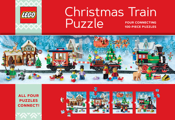 An engaging LEGO Christmas Train jigsaw puzzle featuring four interconnecting 100-piece puzzles. The scene showcases a festive snowy village with a colorful train, cheerful LEGO minifigures celebrating around a Christmas tree, and decorative elements like gifts and a reindeer. Bright red and green colors evoke the holiday spirit, while pieces include train cars and a charming village backdrop.
