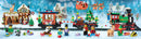 A festive scene featuring the LEGO Puzzle Christmas Train jigsaw puzzle, showcasing various colorful train cars, cheerful LEGO minifigures in winter attire, a decorated Christmas tree, and snowy scenery with reindeer and Santa's sleigh in the background. The vibrant colors and intricate design create a holiday atmosphere.
