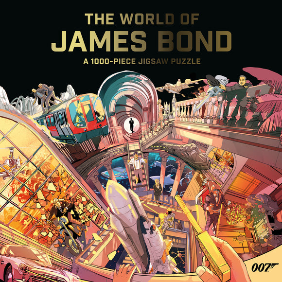 A colorful and intricate illustration of a 1000-piece jigsaw puzzle featuring iconic scenes and characters from the James Bond franchise. The design showcases various elements such as a train, space rocket, and action sequences, creating a dynamic homage to the world of 007.
