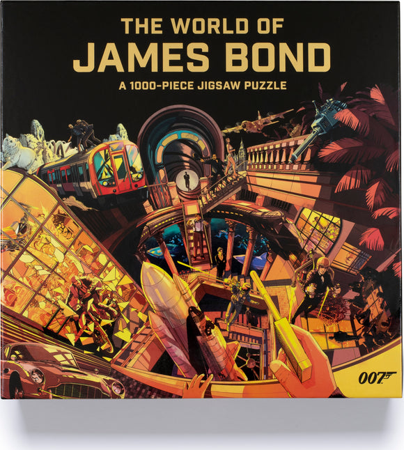 The World of James Bond jigsaw puzzle box featuring a vibrant and intricate illustration showcasing iconic elements of James Bond films including vehicles, characters, and dramatic settings. The box is designed in bold colors with a 007 logo, emphasizing the allure of the spy theme. This is a 1000-piece puzzle that invites fans to piece together the thrilling world of espionage.