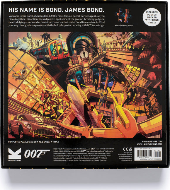 The World of James Bond jigsaw puzzle by Laurence King Publishing. The image shows the back of the puzzle box, featuring vibrant artwork depicting iconic scenes, gadgets, and characters from the James Bond series. Text highlights that the puzzle includes a poster with Bond trivia. The completed puzzle size is 68 x 48.5 cm.