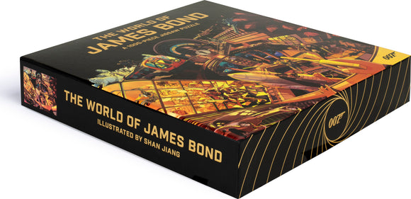 The World of James Bond jigsaw puzzle by Laurence King Publishing. The box features vibrant illustrations related to James Bond, showcasing iconic elements from the films, including vehicles and gadgets. The puzzle contains 1,000 pieces and is designed by Shan Jiang.