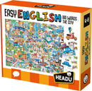 The Easy English 100 Words City jigsaw puzzle by Headu showcases a vibrant city scene filled with various buildings, vehicles, and characters. This engaging puzzle encourages children aged 4-8 to learn English vocabulary while having fun assembling intricate pieces featuring street names, landmarks, and different modes of transport. The colorful artwork is enjoyable and educational, making it a perfect activity for young learners.