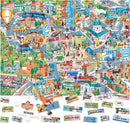 A colorful jigsaw puzzle titled 'Easy English 100 Words City' by Headu, featuring a vibrant city scene with various activities and landmarks. The puzzle shows people engaged in different activities, such as riding bicycles, playing, and visiting shops, alongside buildings like schools, hospitals, and restaurants. Puzzle pieces with labels like 'tram', 'bakery', and 'motorcycle' are displayed at the bottom.