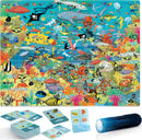 Explore the Sea Life Search and Find jigsaw puzzle featuring vibrant underwater scenes filled with various marine creatures such as fish, turtles, and sea plants. The image includes additional items like cards and a flashlight for interactive play.