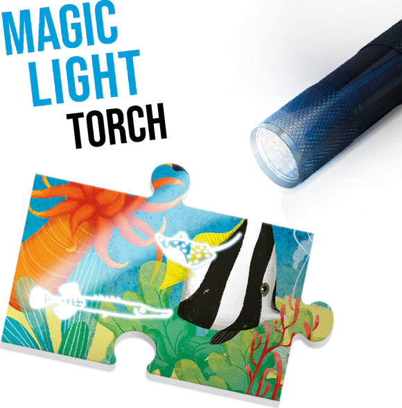 Explore the Sea Life Search and Find jigsaw puzzle by Headu, featuring vibrant underwater illustrations including fish and sea plants. Accompanied by a magic light torch for added fun while assembling the puzzle.