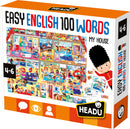 Easy English 100 Words My House jigsaw puzzle by Headu, featuring colorful illustrations of various rooms and items typically found in a house. The design includes characters and vocabulary words for educational purposes, aimed at children aged 4-6.