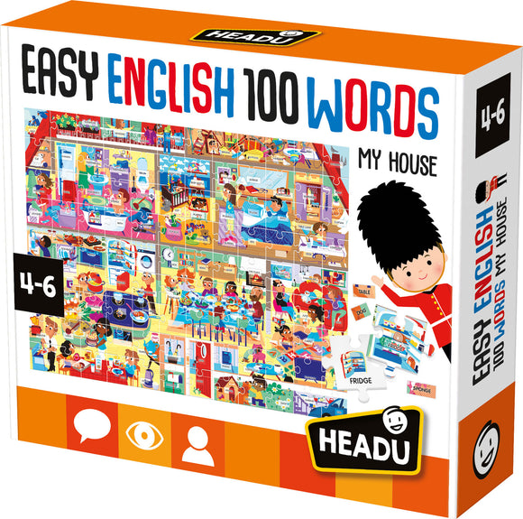 Easy English 100 Words My House jigsaw puzzle by Headu, featuring colorful illustrations of various rooms and items typically found in a house. The design includes characters and vocabulary words for educational purposes, aimed at children aged 4-6.