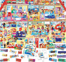 A colorful jigsaw puzzle titled 'Easy English 100 Words My House' by Headu, featuring various rooms filled with family scenes and labeled objects like 'toilet', 'sofa', and 'fridge'. It showcases activities and items found in a house, making it engaging for children learning English vocabulary through play.