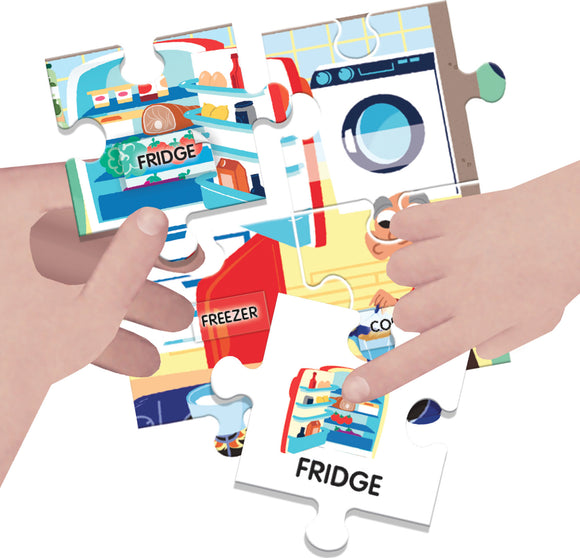 A close-up of a colorful jigsaw puzzle titled 'Easy English 100 Words My House' by Headu, featuring various house-related items. Two hands are interacting with pieces, including images of a fridge, freezer, and washing machine, designed to teach English vocabulary.