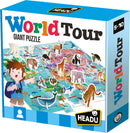 World Tour jigsaw puzzle by Headu featuring colorful 3D animal figures scattered across a map of the world. Suitable for ages 5 to 10, it encourages exploration and learning about different wildlife.