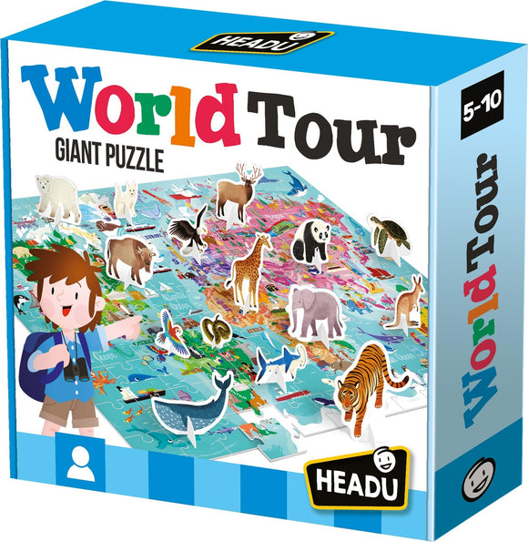 World Tour jigsaw puzzle by Headu featuring colorful 3D animal figures scattered across a map of the world. Suitable for ages 5 to 10, it encourages exploration and learning about different wildlife.