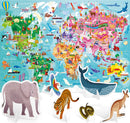 A colorful jigsaw puzzle titled 'World Tour with 3D Animals' by Headu, featuring a detailed map of the world adorned with illustrations of animals, landmarks, and iconic symbols from various countries. 3D animal pieces including an elephant, tiger, serpent, and kangaroo are displayed in the foreground, ready to enhance the interactive experience.