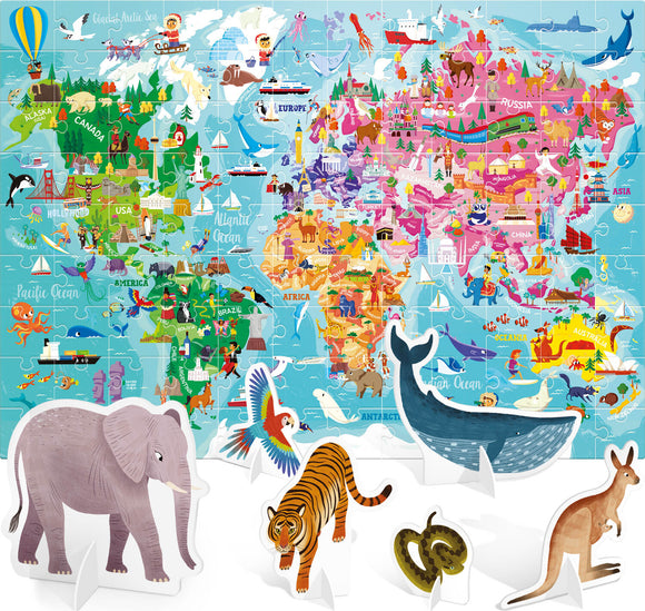 A colorful jigsaw puzzle titled 'World Tour with 3D Animals' by Headu, featuring a detailed map of the world adorned with illustrations of animals, landmarks, and iconic symbols from various countries. 3D animal pieces including an elephant, tiger, serpent, and kangaroo are displayed in the foreground, ready to enhance the interactive experience.