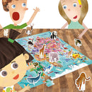 Children engaged in a jigsaw puzzle activity featuring the World Tour with 3D Animals by Headu. The puzzle showcases colorful illustrations of various animals and a world map, with 3D animal pieces being placed on the puzzle by excited kids.