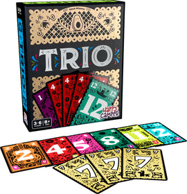 The game 'Trio' by Happy Camper features a colorful box design with intricate patterns and illustrations. The game cards include numbers and vibrant colors, displayed spread out below the box, highlighting gameplay elements. Suitable for 3 to 6 players aged 8 and above.