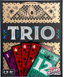 Trio game by Happy Camper features vibrant packaging with the word 'TRIO' prominently displayed. The box includes illustrated cards with colorful numbers and decorative details. Designed for 3-6 players aged 8 and up, this engaging game promises fun for family and friends.