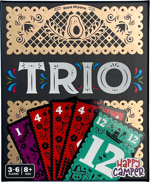 Trio game by Happy Camper features vibrant packaging with the word 'TRIO' prominently displayed. The box includes illustrated cards with colorful numbers and decorative details. Designed for 3-6 players aged 8 and up, this engaging game promises fun for family and friends.