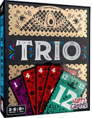 Trio game by Happy Camper displayed in its packaging. The box features the name 'TRIO' in bold letters with colorful accents. It includes various decorated cards displaying numbers, and has a vibrant design that highlights player engagement. Suitable for 3-6 players aged 8 and up, this game promises fun and interaction for family and friends.