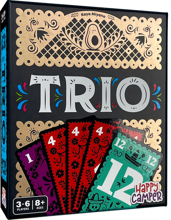 Trio game by Happy Camper displayed in its packaging. The box features the name 'TRIO' in bold letters with colorful accents. It includes various decorated cards displaying numbers, and has a vibrant design that highlights player engagement. Suitable for 3-6 players aged 8 and up, this game promises fun and interaction for family and friends.