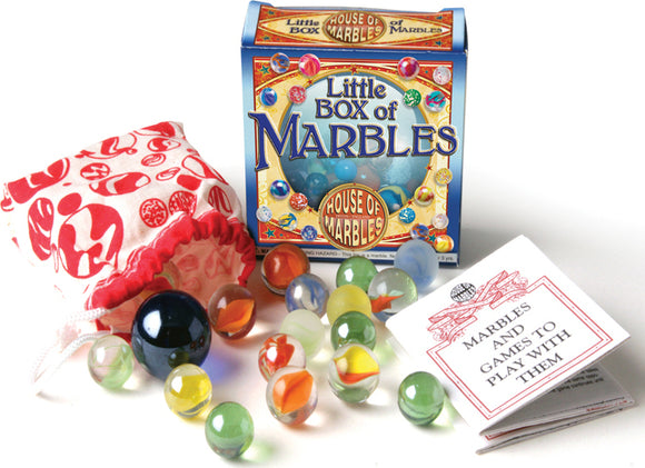 The Little Box of Marbles by House of Marbles features a vibrant packaging with colorful marbles scattered around, including a red drawstring pouch. A booklet titled 'Marbles and Games to Play With Them' is also visible. This classic game set offers entrancing fun for all ages.