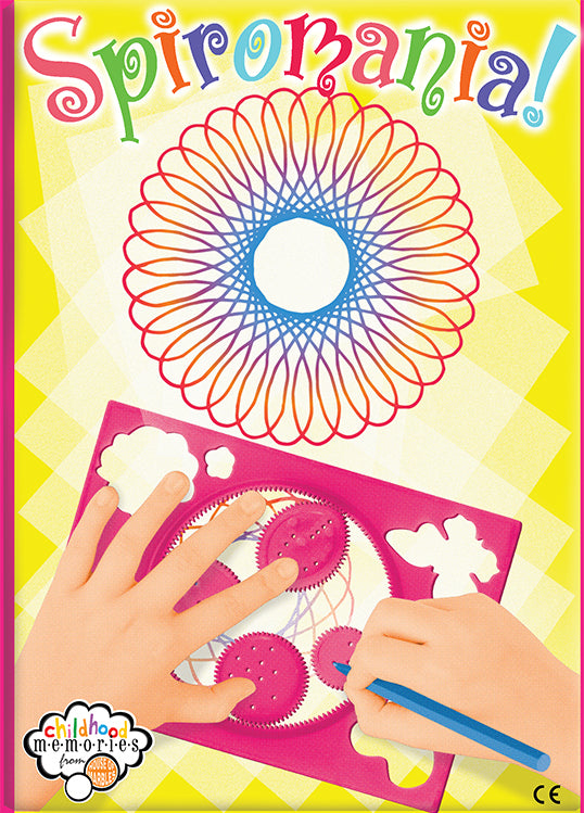 Spiromania DIY kit by House of Marbles, featuring a colorful design. The image shows a child's hands using a blue pen to create a spiral artwork on a pink template, with various colorful circle patterns displayed.