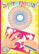 Spiromania DIY kit by House of Marbles, featuring a colorful design. The image shows a child's hands using a blue pen to create a spiral artwork on a pink template, with various colorful circle patterns displayed.