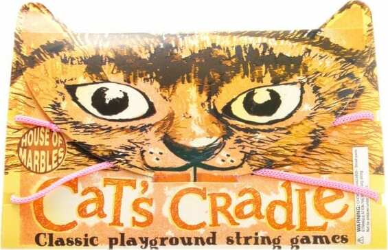 Cat's Cradle by House of Marbles is a classic playground string game featuring a vibrant packaging design of a cat's face, showcasing its big eyes and playful expression. The game includes colorful string for creating various string figures, encouraging creativity and interactive play among children and adults alike.
