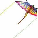 A colorful dragon kite designed by House of Marbles, featuring vibrant patterns in shades of red, blue, and yellow. The kite is soaring with two green strings attached, ready to fly high in the sky.