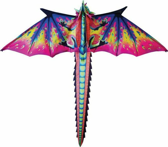 A vibrant, colorful dragon kite with intricate designs. The kite features pink, blue, and green colors, showcasing dragon scales, wings, and fiery motifs, ideal for outdoor flying adventures or decorative displays.