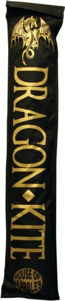 Dragon Kite by House of Marbles, featuring a vibrant and eye-catching design. The package is black with striking gold lettering that reads 'DRAGON KITE.' Ideal for outdoor fun, this kite is perfect for family gatherings and sunny days in the park. Its stunning dragon motif adds an adventurous touch, making it an exciting choice for kite enthusiasts of all ages.