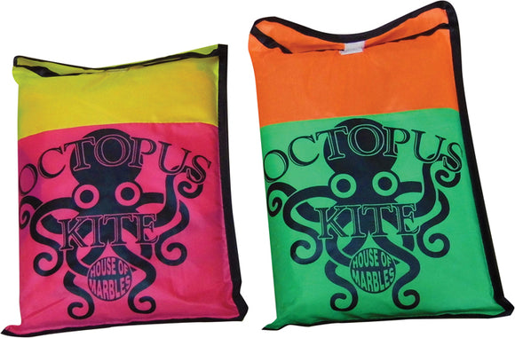 Two vibrant Octopus kites by House of Marbles, featuring a playful octopus design in bright colors including pink, yellow, green, and orange. Perfect for outdoor fun and flying in the wind.