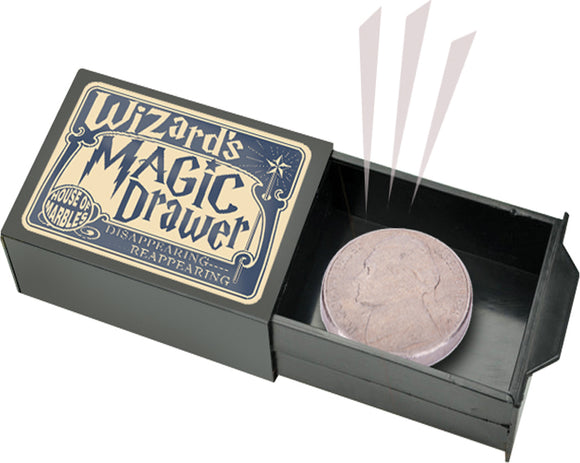 Wizard's Magic Drawer by House of Marbles, featuring a decorative box with the title on the lid. The interior displays a round, coin-like object and mechanisms suggesting disappearing and reappearing magic tricks.