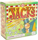 The product image shows a colorful box of Classic Jacks by House of Marbles. The box features vibrant artwork with the word 'JACKS' prominently displayed in bold red letters. An illustration of a cartoon character wearing a top hat and waving is featured alongside playful graphics, evoking a classic playground atmosphere. The packaging indicates it’s a game emphasizing skill and fun, with a warning about small parts not suitable for children under 3 years.