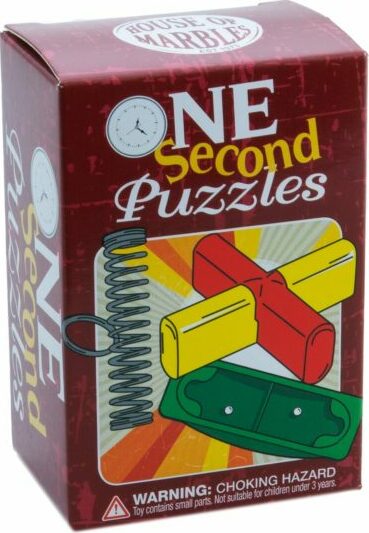 One Second Puzzles by House of Marbles, featuring a vibrant box design with the title prominently displayed. The package includes mechanical puzzle components in yellow, red, green, and blue, presented in an engaging layout. Warning label indicates the presence of small parts, not suitable for children under 3 years.