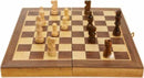 12 inch folding chess set made from wood, featuring a checkered board with light and dark squares. The set includes wooden chess pieces in natural and dark finishes, neatly arranged on the board.