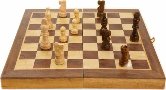 12 inch folding chess set made from wood, featuring a checkered board with light and dark squares. The set includes wooden chess pieces in natural and dark finishes, neatly arranged on the board.