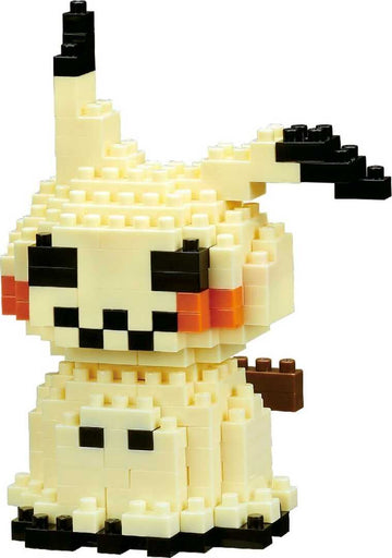 Nanoblock Mimikyu DIY kit featuring a small, blocky, pixelated representation of the popular Pokémon Mimikyu. The figure showcases its signature ghostly appearance with a cream-colored body, black accents, and adorable facial features. Perfect for creative building.