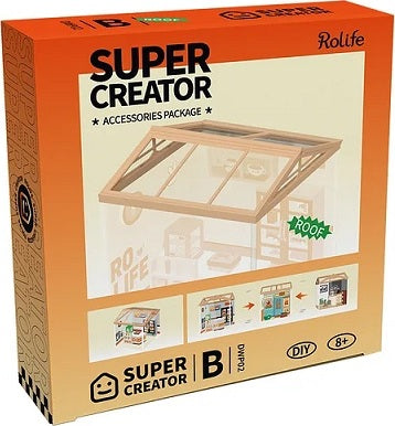 The packaging for the Dust-proof Roof B DIY kit by Robotime features a colorful design highlighting the roof component for the Super Creator series, suitable for ages 8 and up. The box includes a visual display of the assembled model, emphasizing its intricate details and creative possibilities.