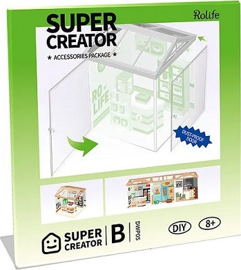 The Dust-proof Door B by Robotime is a DIY kit designed for creative builders aged 8 and up. The product packaging features a colorful illustration of the accessory, showcasing its transparent design and compatibility with other model kits. Ideal for enhancing your miniature scenes, this versatile door allows for a customized touch in your crafting projects.