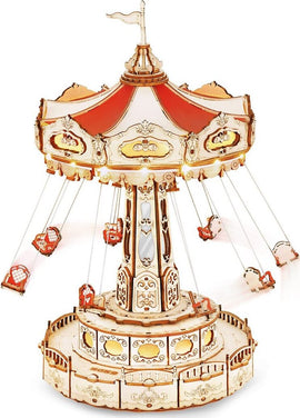 A beautifully crafted Swing Ride DIY model by Robotime, showcasing a carousel design with intricate details. The model features swinging seats and a vibrant red and gold canopy, perfect for enthusiasts of DIY kits and mechanical models.