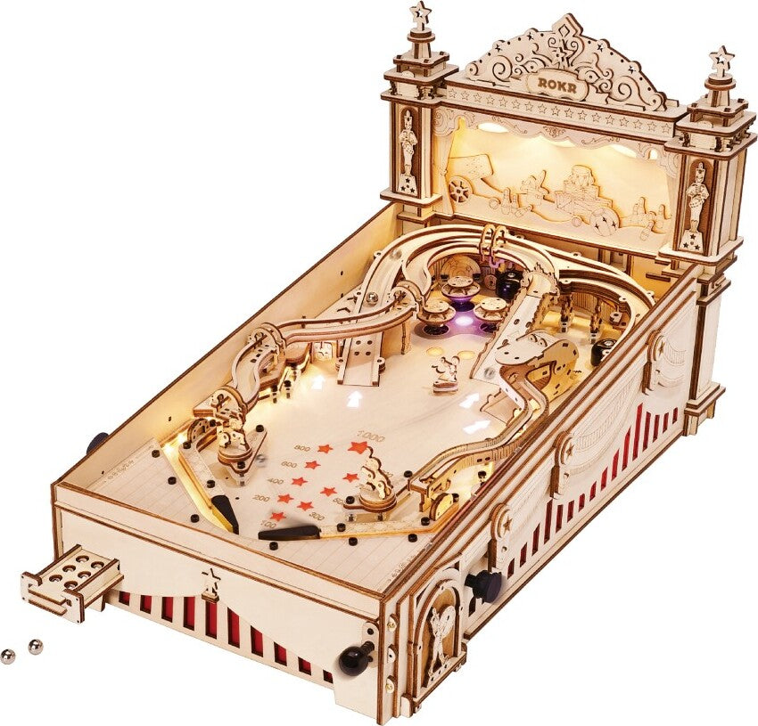 A detailed view of the 3D Pinball DIY kit by Robotime features intricate wooden pieces with illuminated sections, creating a vintage pinball machine aesthetic. The design includes ramps, targets, and flippers, inviting players to engage in a tactile gaming experience. This mechanical puzzle showcases a mix of artistry and engineering, promising fun for enthusiasts of all ages.