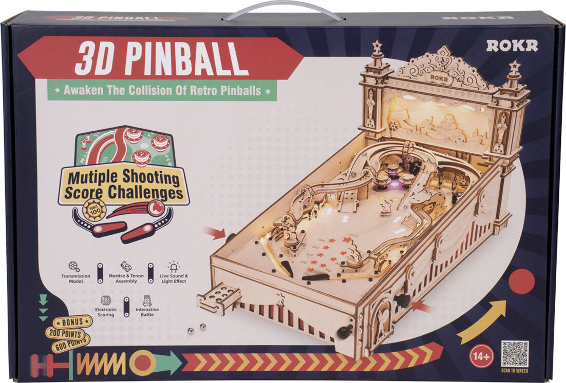 3D Pinball DIY kit by Robotime, featuring a retro-style pinball machine with multiple shooting score challenges. The kit includes elements for electronic scoring, live sound, and light effects. Designed for interactive play, aimed at ages 14 and up.