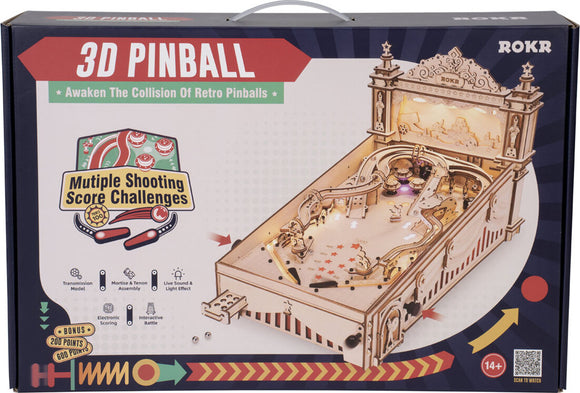 3D Pinball DIY kit by Robotime, featuring a retro-style pinball machine with multiple shooting score challenges. The kit includes elements for electronic scoring, live sound, and light effects. Designed for interactive play, aimed at ages 14 and up.