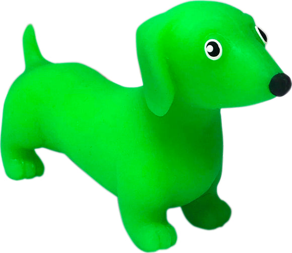 A vibrant green rubber toy shaped like a dachshund dog, featuring cute big eyes and a playful design. This soft and flexible toy adds a fun element to playtime.